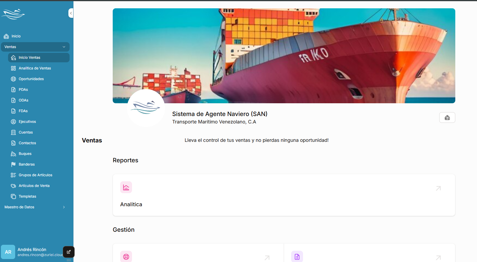 Pantalla del Sistema de Agente Naviero de Tramavenca, con módulos comerciales y reportes